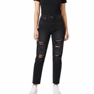 Aeropostale Women's Mom Jeans 4 Black Distressed Ripped Hi Rise Tapered Straight